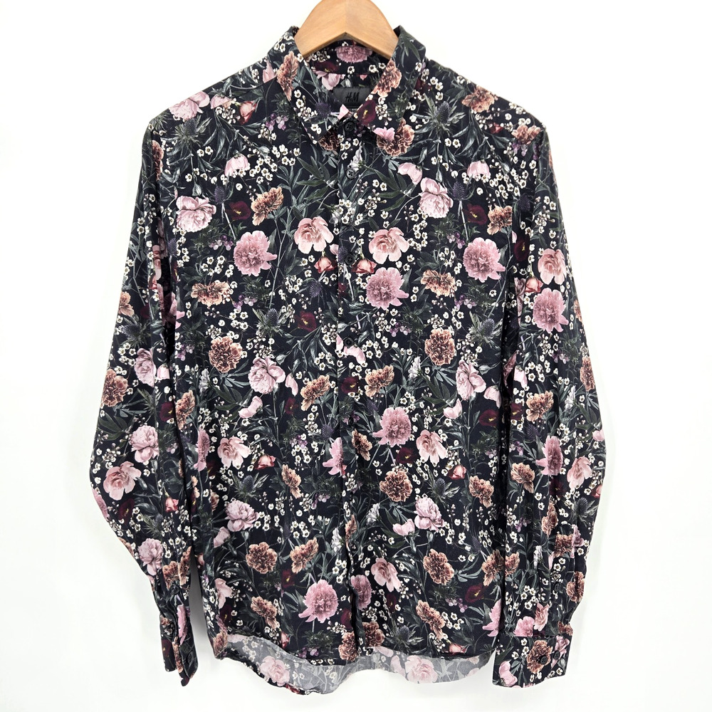 H&M Mens Dark Floral Button Up Slim Fit Shirt LS Black Pink Moody Romantic Large
